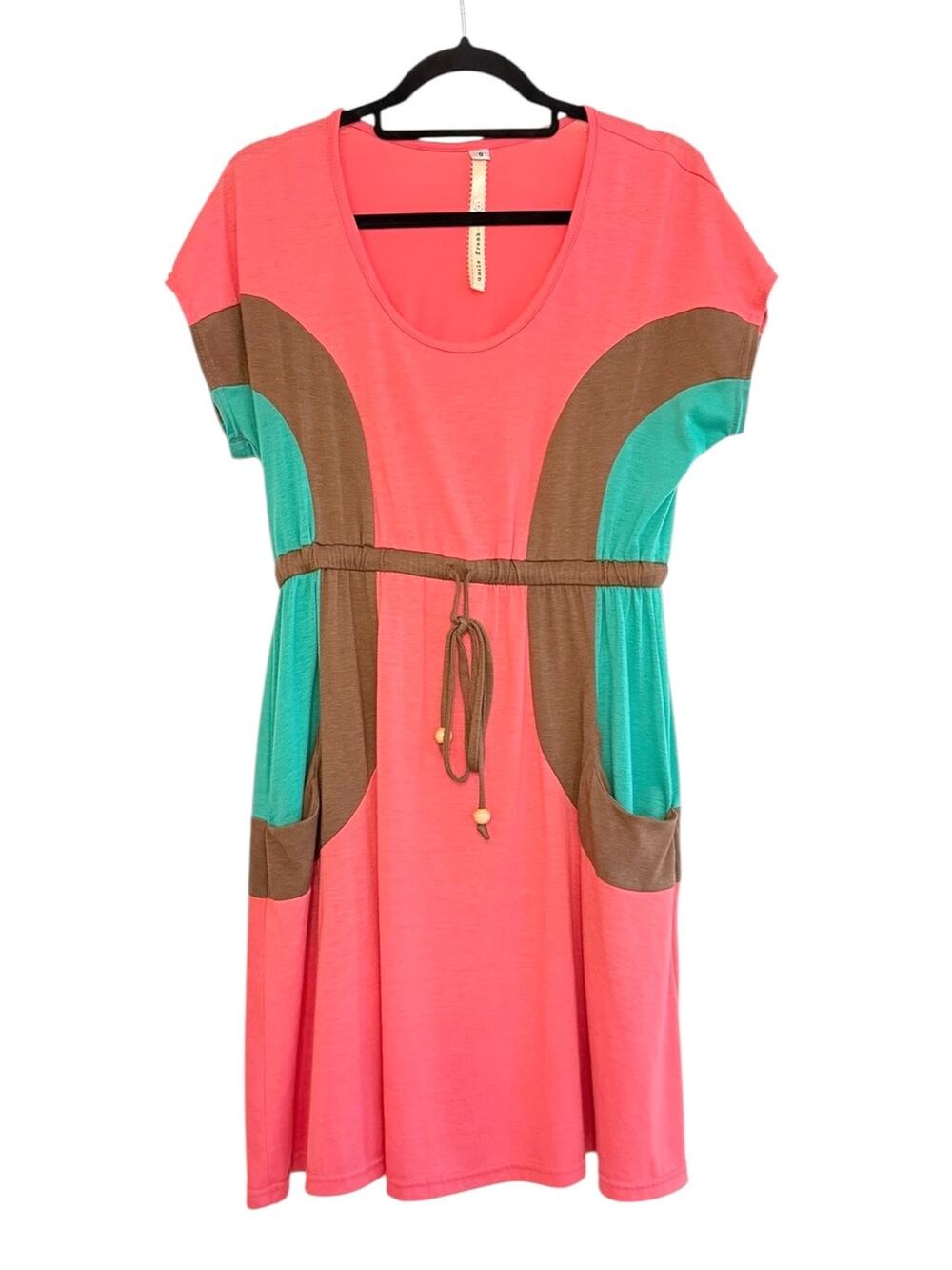 Uncle Frank Colorblock Knit Dress Small Coral Pink Green Drawstring Waist